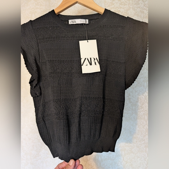 ZARA NWT Crop Top Pointelle w Double Ruffle Sleeve Large - Picture 5 of 16